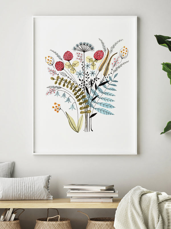Postern Buketten är fylld med blommor från svenska sommarängar. Buketten är ett print av ett original jag målat med akvarell. 