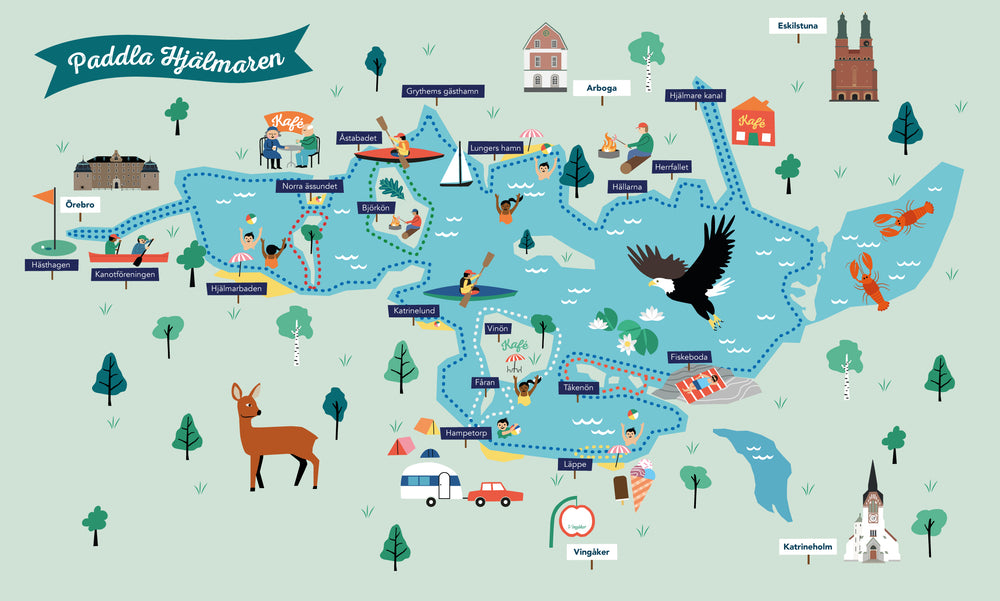 Illustrerad karta över Hjälmarens kanotleder