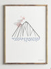 Postern Berget föreställer ett stilrent och grafiskt berg i färgerna blå, rosa och svart.