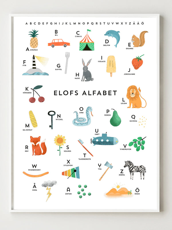 Postern Alfabet är ett personligt print där jag ritat en illustration till varje bokstav i alfabetet A-Ö. Exempelvis O för orm, B för bil och A för ananas.