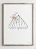 Postern Berget föreställer ett stilrent och grafiskt berg i färgerna blå, rosa och svart.
