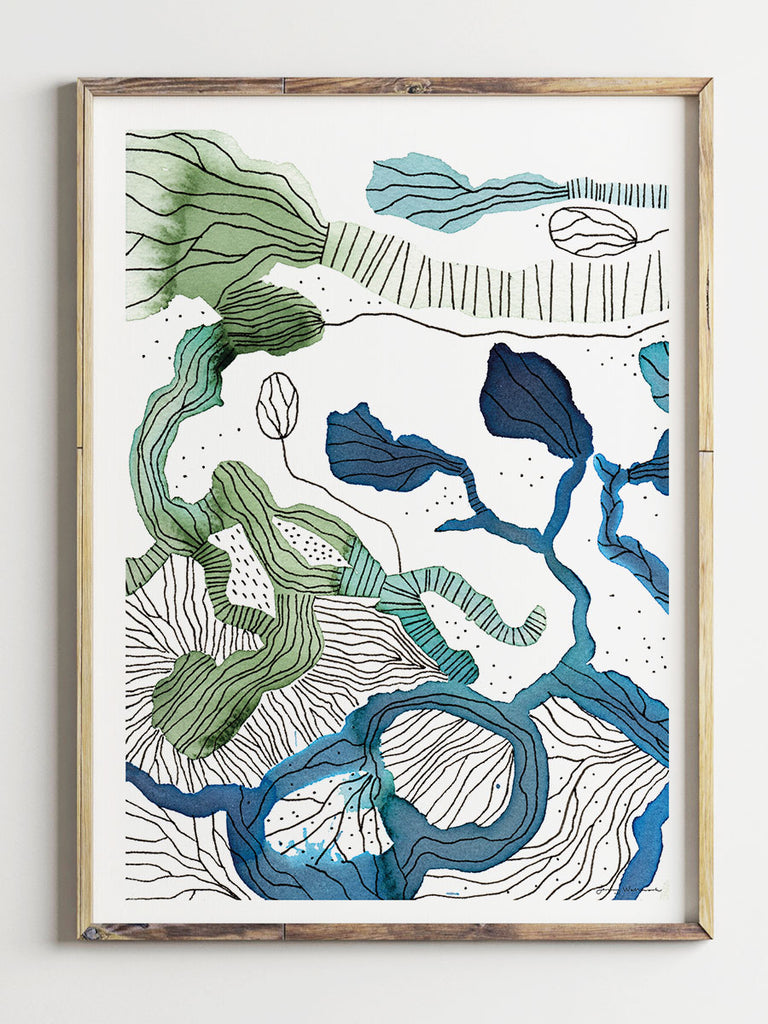 Postern Blå trädgård är ett print av ett original jag målat med flytande tusch. Som med många av mina motiv för motivet tankarna till naturen och dess oändliga mönster, färger och strukturer.