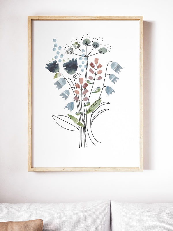 En bukett till blomsterälskaren. Postern Blomster är ett collage av målat akvarellpapper som jag skurit och klippt ut delar till illustrationen. Tonerna är blå, blå/grå/gröna och rosa.