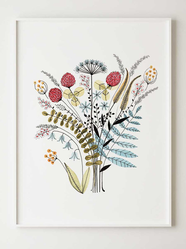 Postern Buketten är fylld med blommor från svenska sommarängar. Buketten är ett print av ett original jag målat med akvarell. 
