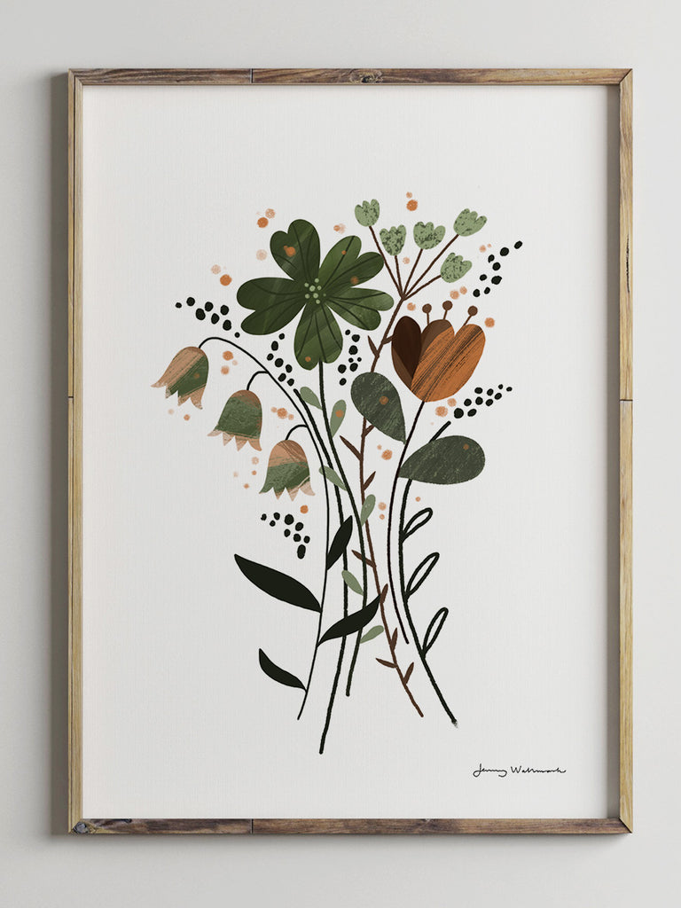 En poster som föreställer en bukett med blommor i gröna toner av Jenny Wallmark