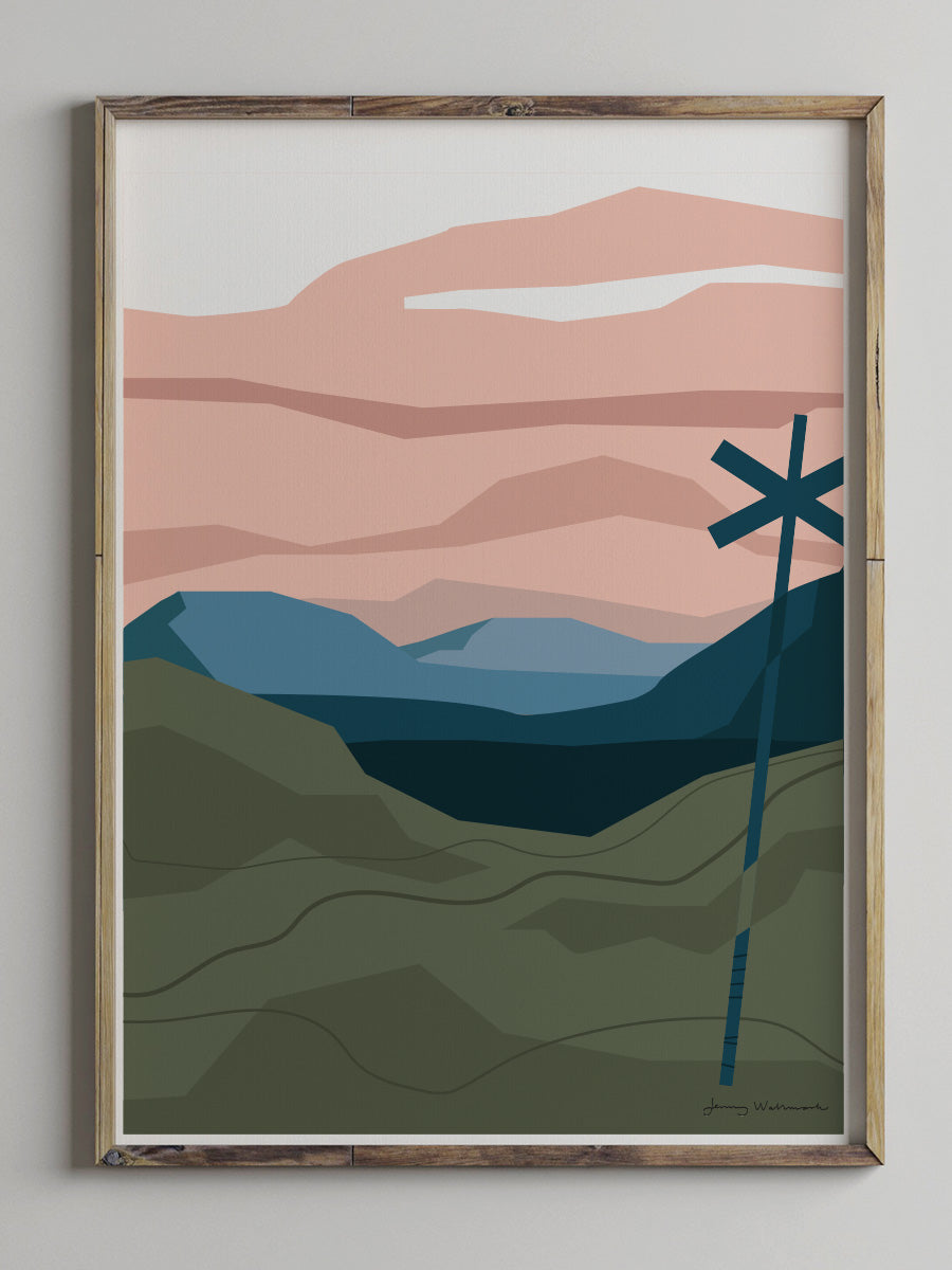 Postern Jämtland föreställer fjället någonstans i Jämtland, i förgrunden ett ledkryss. Färgerna är blå, grön och aprikos.