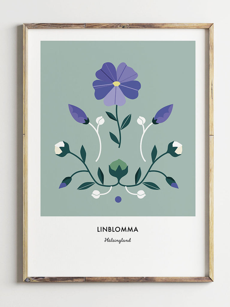 Postern Linblomma föreställer landskapsblomman för Hälsingland, Linblomman. Nedanför blomman står texten: Linblomma, Hälsingland.