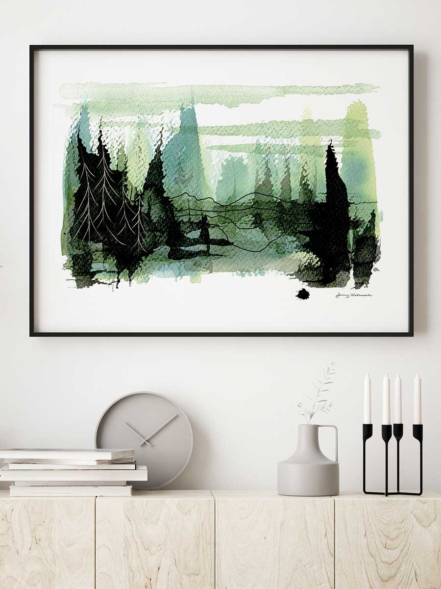 Grön och svart poster som föreställer en sommarskog.