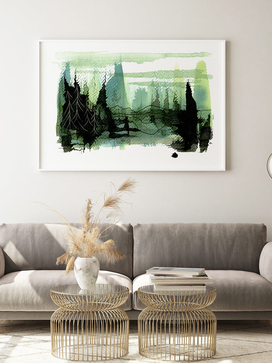 Grön och svart poster som föreställer en sommarskog.